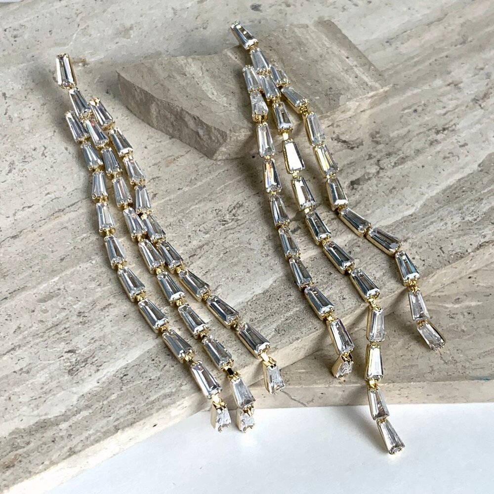 New ~ Anthropologie Shashi Cascading Baguette Crystal Fringe Gold Earrings